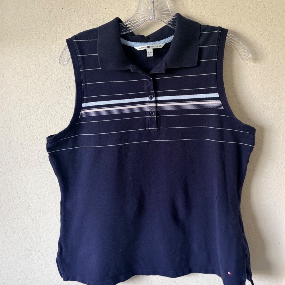 Vintage 90s Tommy Hilfiger Sleeveless Polo Shirt Womens XL Navy Blue Striped Top